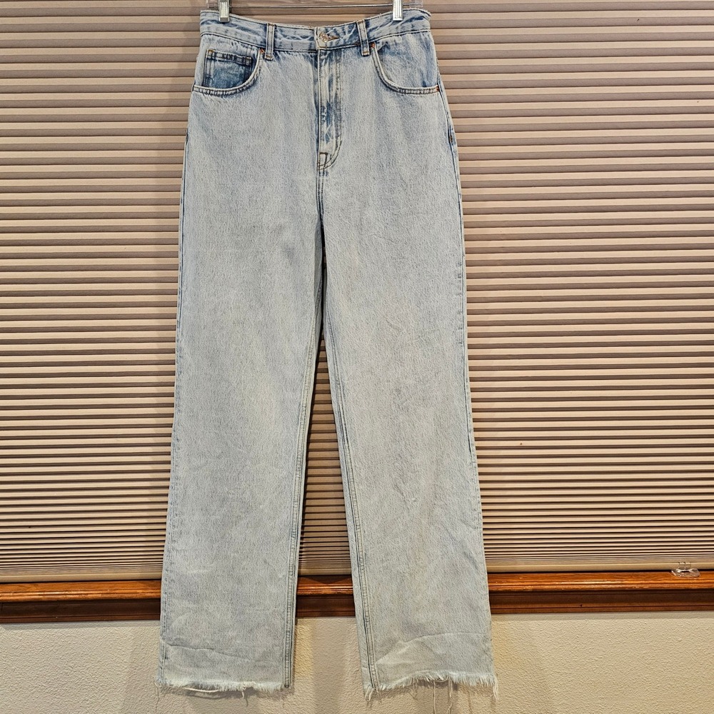 Zara Womens High Waisted Wide Leg Jeans Light Wash Raw Hem Blue Size 8
